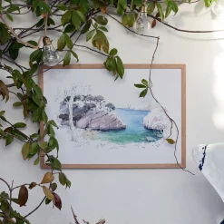 Aquarelle encadrée crique 38x53cm - bleu