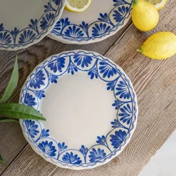 Assiette à dessert en grès D22,5cm à motif floral - bleu