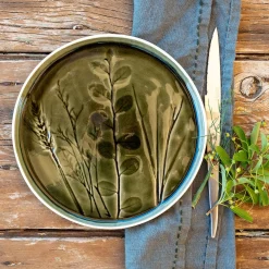 Assiette à dessert impressions végétales en grès D20cm - vert avocado