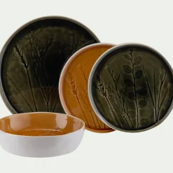 Assiette creuse impressions végétales en grès D19,5cm - jaune argan