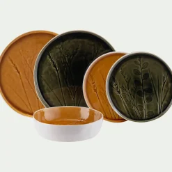 Assiette plate impressions végétales en grès D26cm - jaune argan