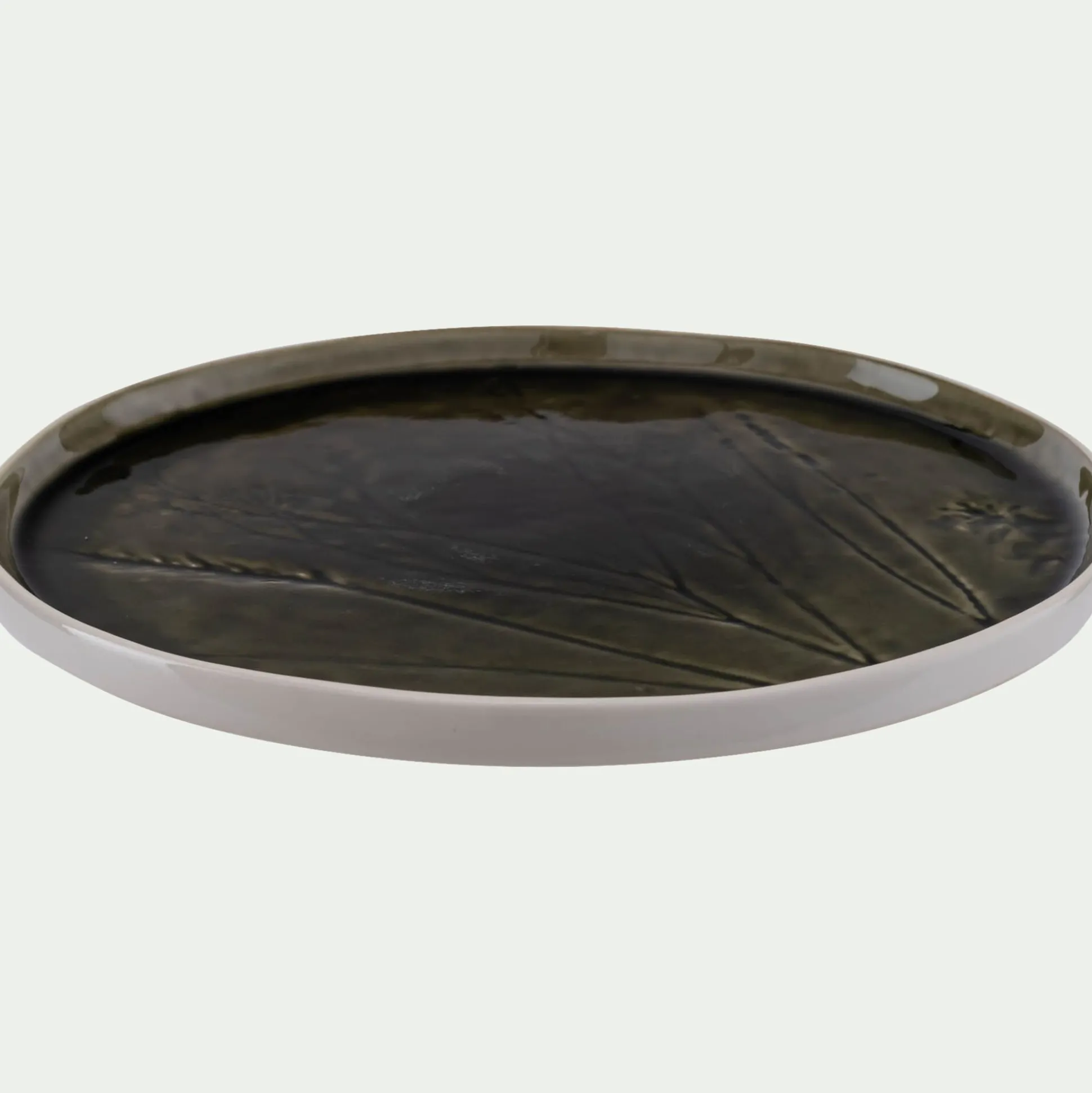 Assiette plate impressions végétales en grès D26cm - vert avocado
