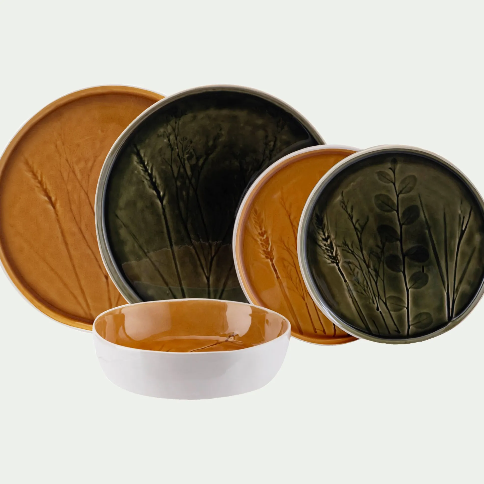 Assiette plate impressions végétales en grès D26cm - vert avocado