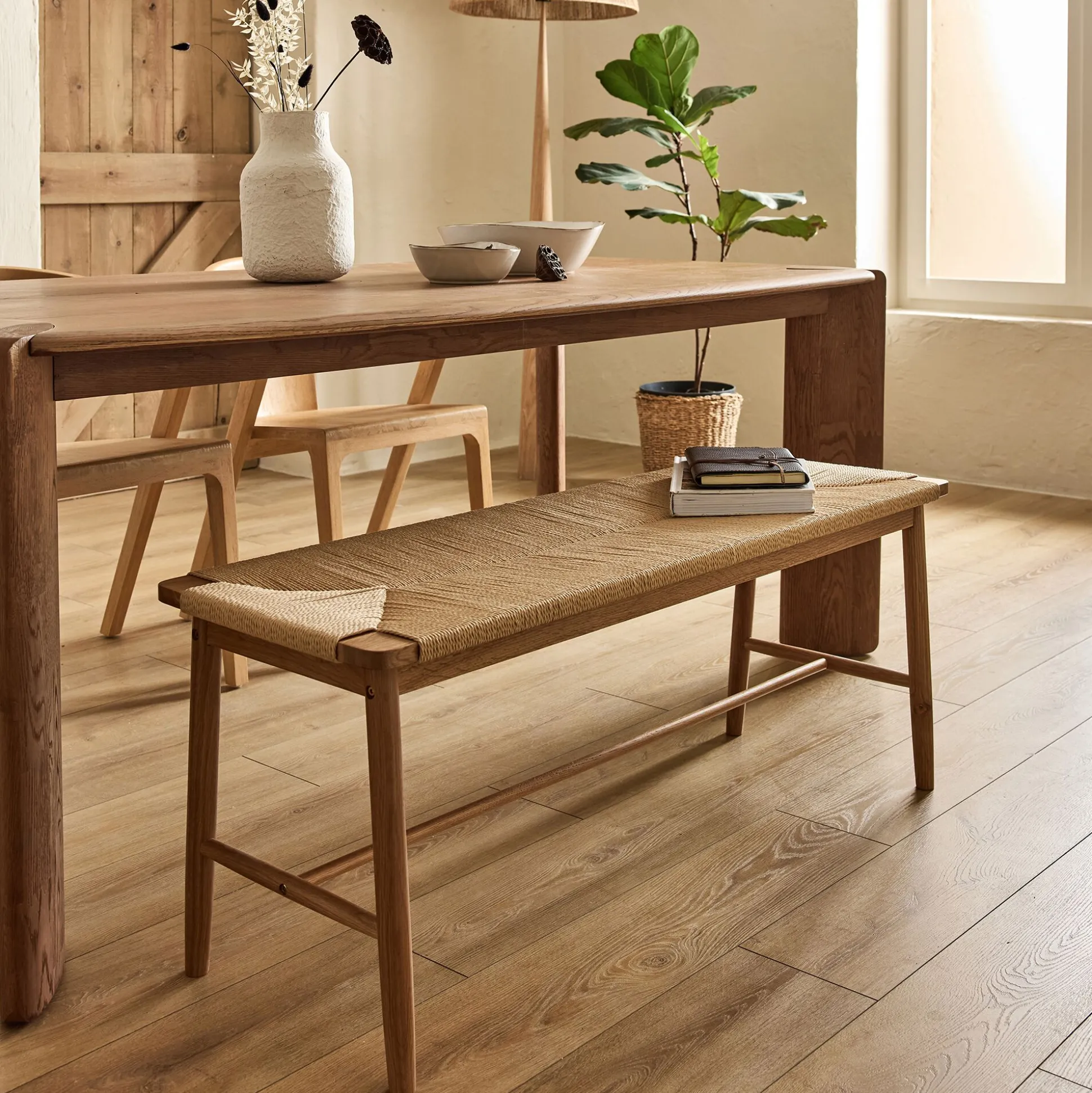 Banc en chêne et corde L120cm - bois clair