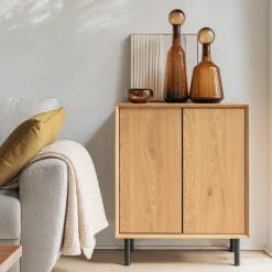 Bibliothèque 2 cases avec portes en bois L70xl36xH70cm - bois clair