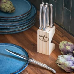 Bloc en bois de 6 couteaux à steak en acier - gris métallisé