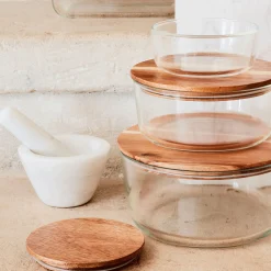 Boîte ronde en verre avec couvercle en bois D18,6cm