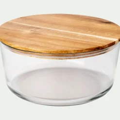Boîte ronde en verre avec couvercle en bois D18,6cm
