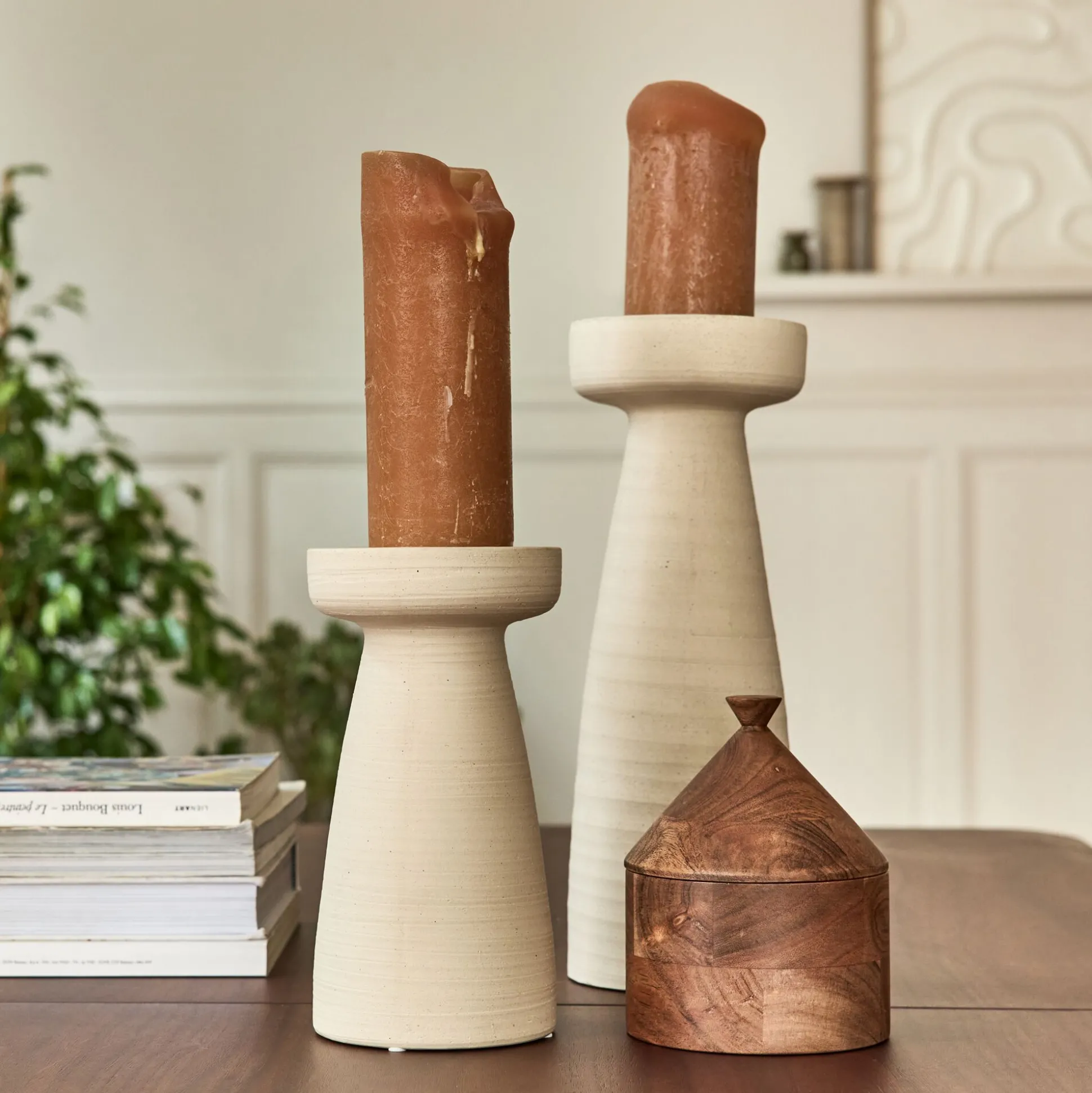 Bougeoir en grès D11,5xH22cm - beige