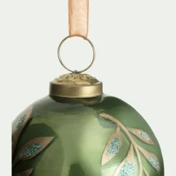 Boule de Noël en verre à motif végétal D7,5cm - vert