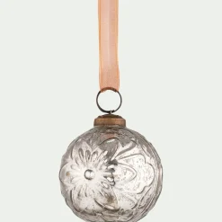 Boule de Noël motif floral en verre D8cm - argenté