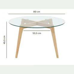 Bout de canapé en verre et bois d'hévéa - transparent D80xH45cm
