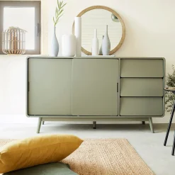 Buffet rétro 3 tiroirs et 2 portes coulissantes - vert cèdre