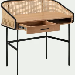 Bureau avec rangement en bois et rotin - bois clair L105xl59XH96cm