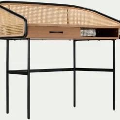Bureau avec rangement en bois et rotin - bois clair L105xl59XH96cm