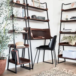 Bureau plaqué noyer et métal noir avec 2 tablettes L80cm - bois foncé