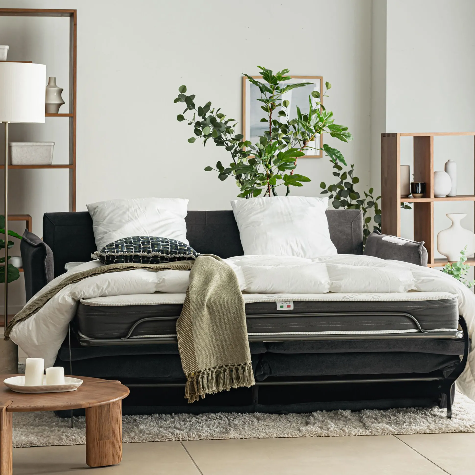 Canapé 4 places convertible en tissu Sogno avec matelas densité 35kg/m3 - gris anthracite