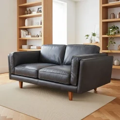 Canapé 2 places fixe en cuir de vachette - noir