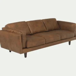 Canapé 3 places fixe en cuir de vachette - marron