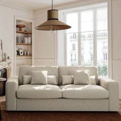 Canapé 5 places fixe en tissu bouclette - blanc écru