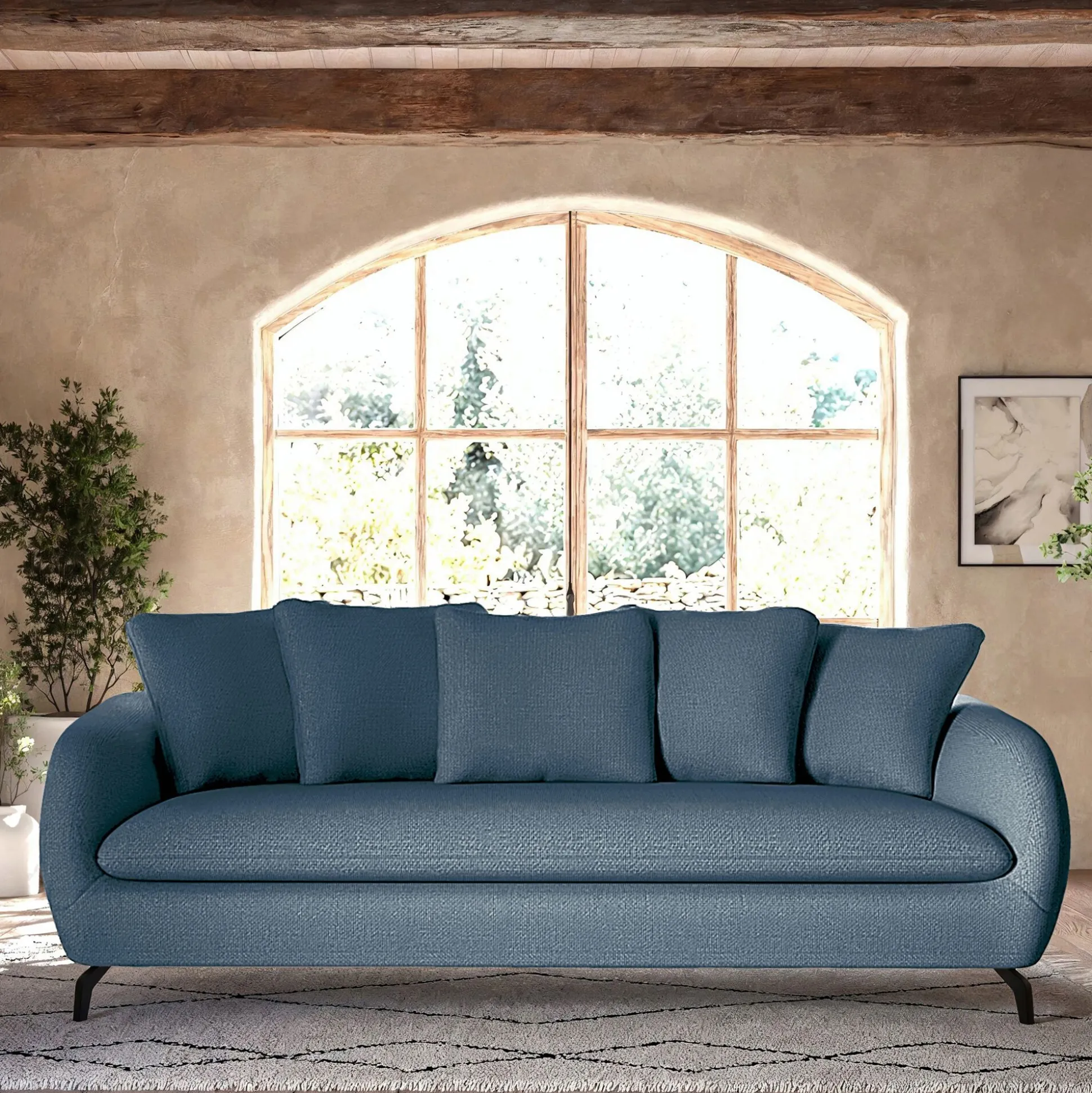 Canapé 4 places fixe en tissu tramé - bleu