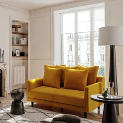 Canapé 2 places fixe en tissu velvet - jaune argan