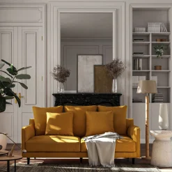 Canapé 3 places fixe en tissu velvet - jaune argan