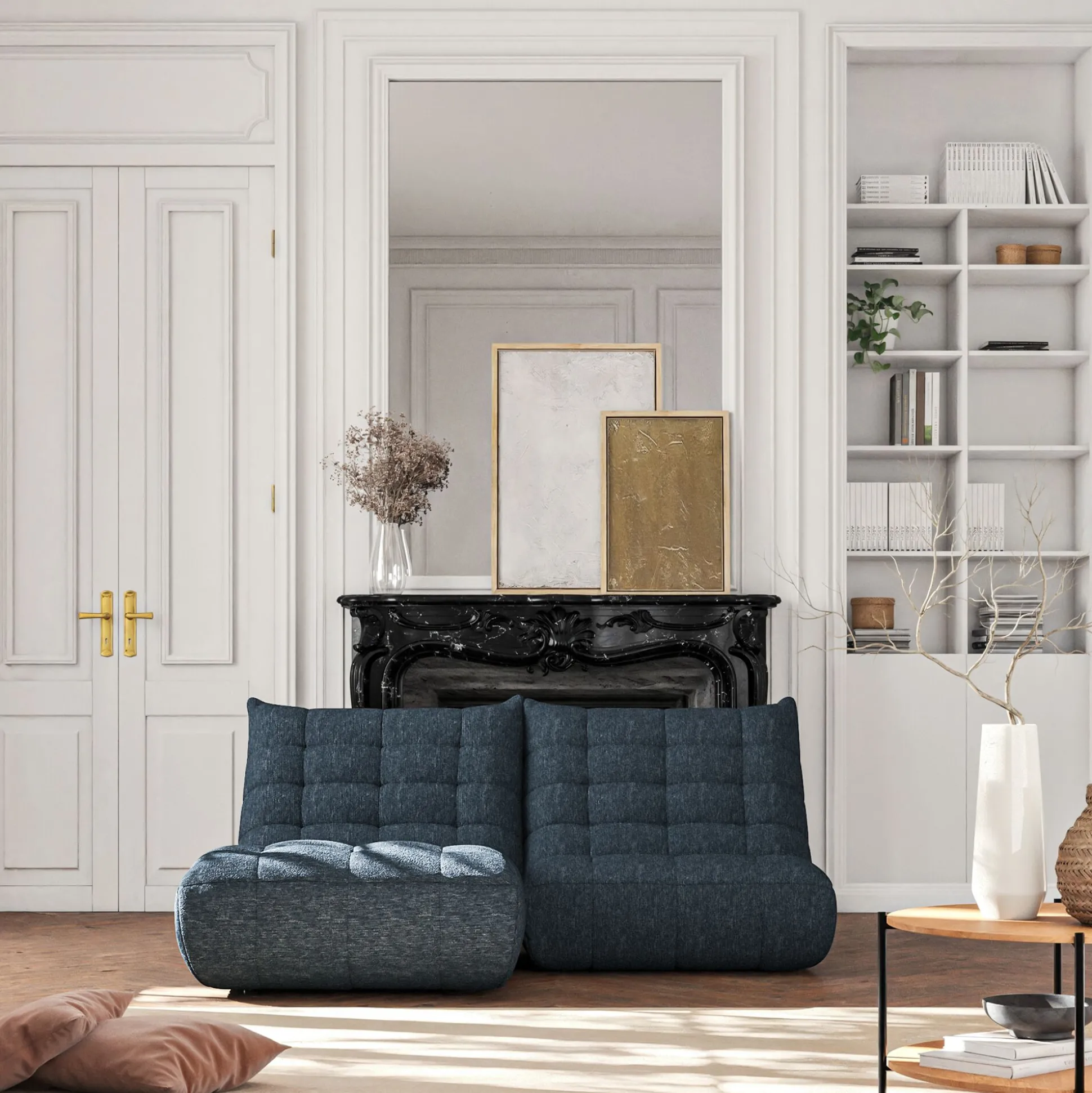 Canapé 2 places fixe en tissu chenille - bleu marine