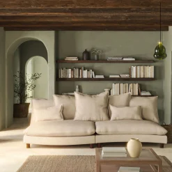 Canapé convertible 5 places avec pieds arrondis en tissu nature - blanc écru