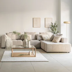 Canapé d'angle droit avec pouf en tissu Benjo - beige roucas