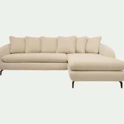 Canapé d'angle droit fixe en tissu doux tramé - blanc écru