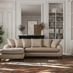 Canapé d'angle gauche convertible en tissu doux tramé - beige