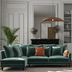 Canapé d'angle gauche fixe en tissu velvet - vert sauge