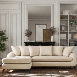 Canapé d'angle gauche fixe en tissu doux tramé - blanc écru