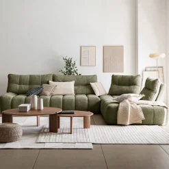 Canapé d'angle modulable avec chauffeuse et pouf en tissu campo- vert cèdre