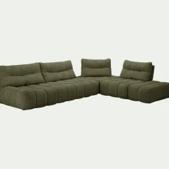 Canapé d'angle modulable avec chauffeuse et pouf en tissu campo- vert cèdre