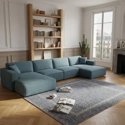 Canapé d'angle panoramique fixe en tissu tramé - bleu