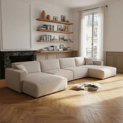 Canapé d'angle panoramique fixe en tissu tramé - beige