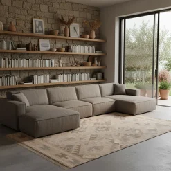 Canapé d'angle panoramique fixe en tissu tramé - gris