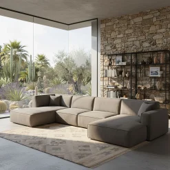 Canapé d'angle panoramique fixe en tissu tramé - gris