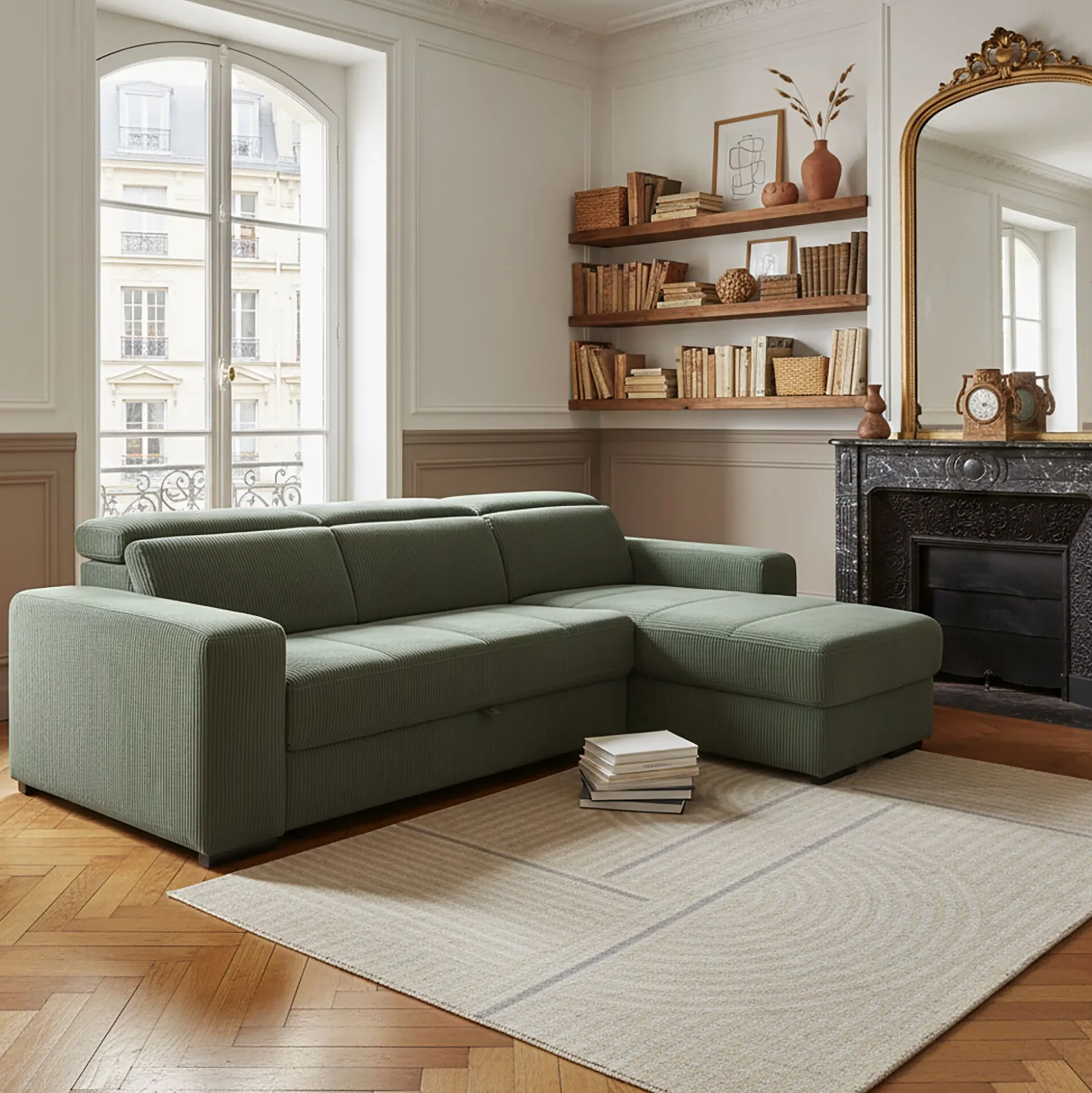Canapé d'angle réversible convertible en tissu castello - vert cèdre
