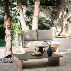 Canapé de jardin en aluminium effet teck et corde - gris (2 places)