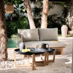 Canapé de jardin en aluminium effet teck et corde - gris (2 places)