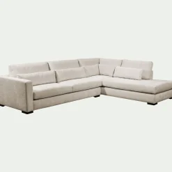 Canapé grand angle droit fixe avec méridienne en tissu tramé - beige