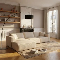 Canapé grand angle gauche fixe en velours côtelé azores - beige