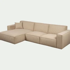 Canapé grand angle gauche fixe en velours côtelé azores - taupe