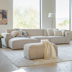 Canapé grand angle gauche fixe en tissu tramé - beige