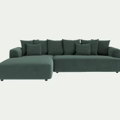 Canapé grand angle gauche fixe en tissu velours - vert sauge