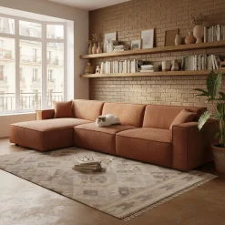 Canapé grand angle gauche fixe en tissu tramé - brun rustrel