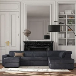 Canapé panoramique convertible avec méridienne gauche en tissu doux - bleu calabrun